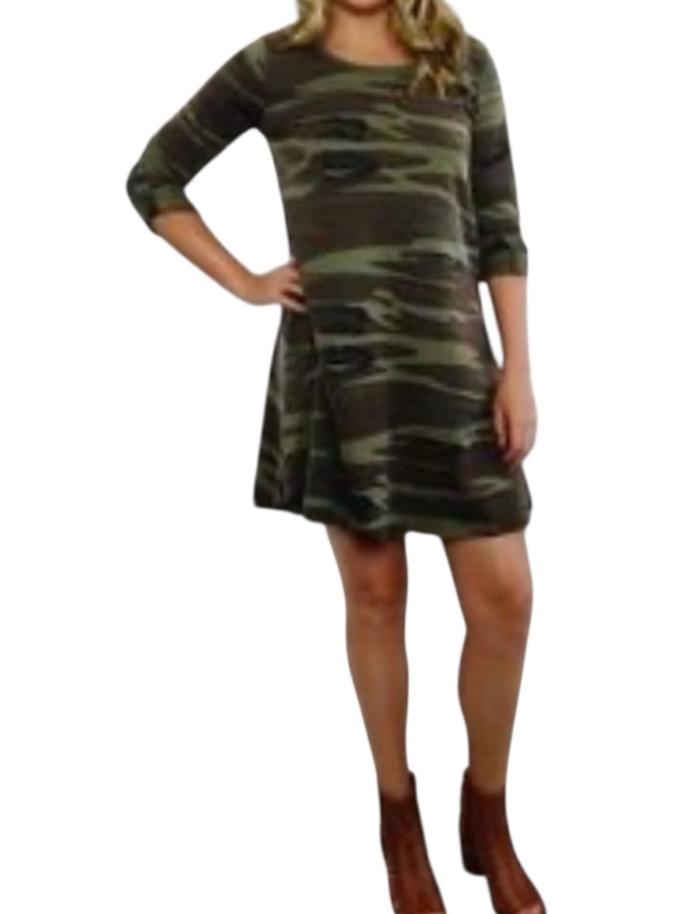Others Follow Mini Dress Green Camo Roll Tab Sleeves Hi Low Hem Women’s Medium